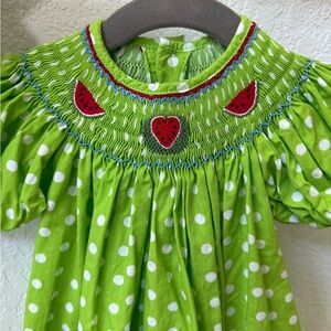 Green Polka Dot Smocked Dress with Watermelon Embroidery